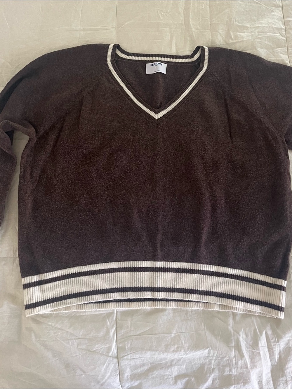 Old Navy Brown V-Neck Sweater with Cream Contrast Trim